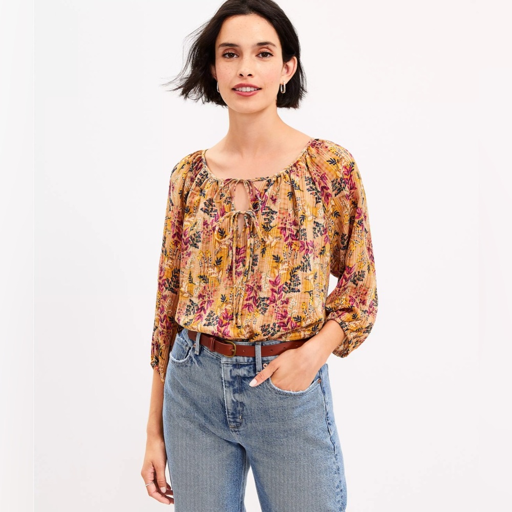 LOFT Floral Tie Neck Blouse size Large